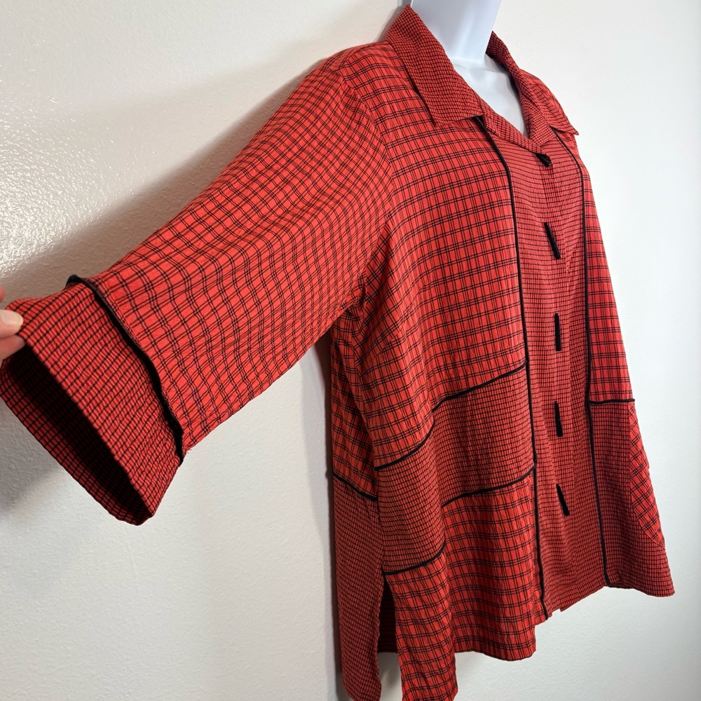 Ali Miles Red Black Plaid Patchwork Button Front … - image 2